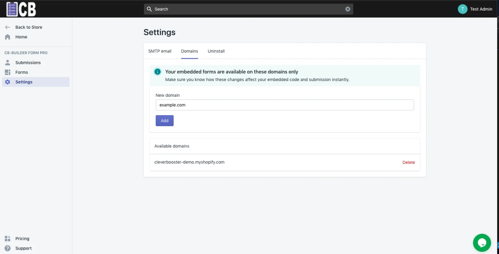 Form Builder Pro Settings, Domains tab, with a New domain field and the list of available domains