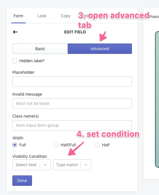 Edit field panel with the Advanced tab open and the Visibility condition selectors highlighted