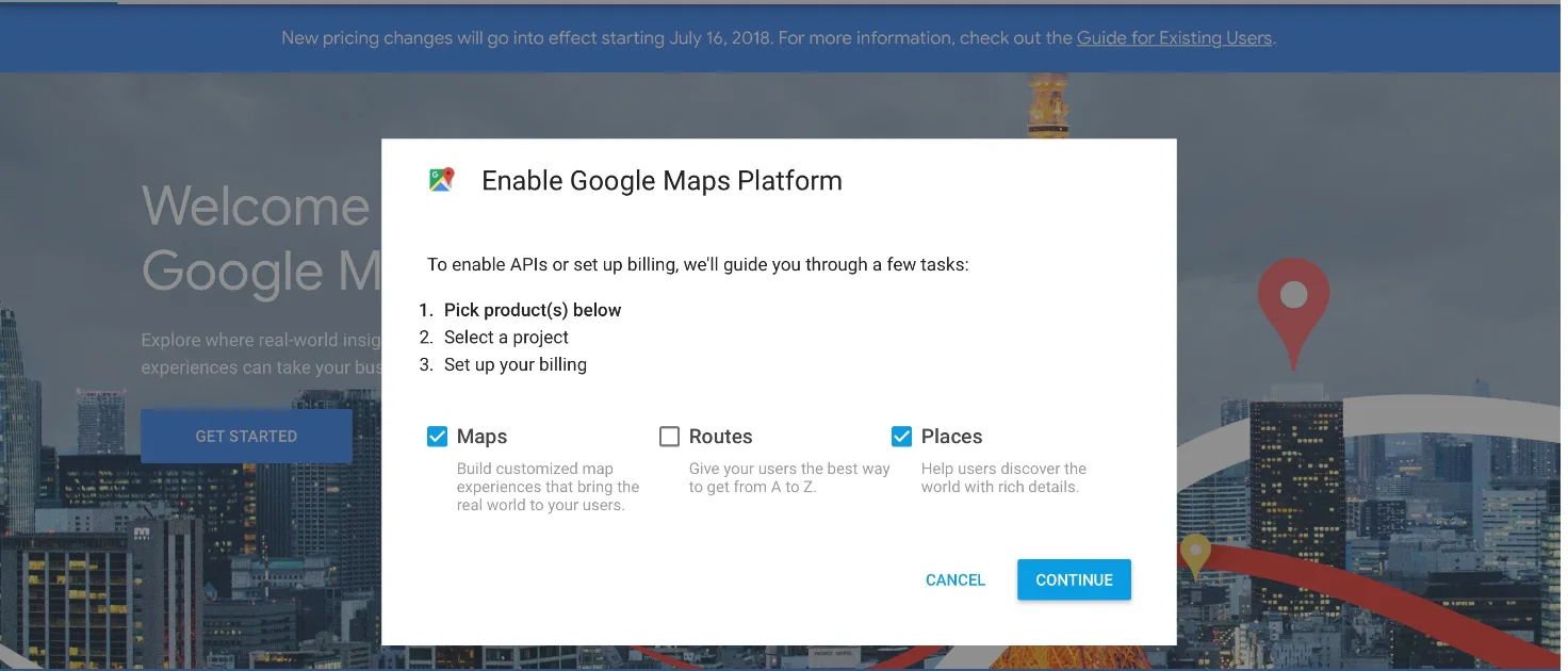Enable Google Maps Platform dialog with Maps and Places selected