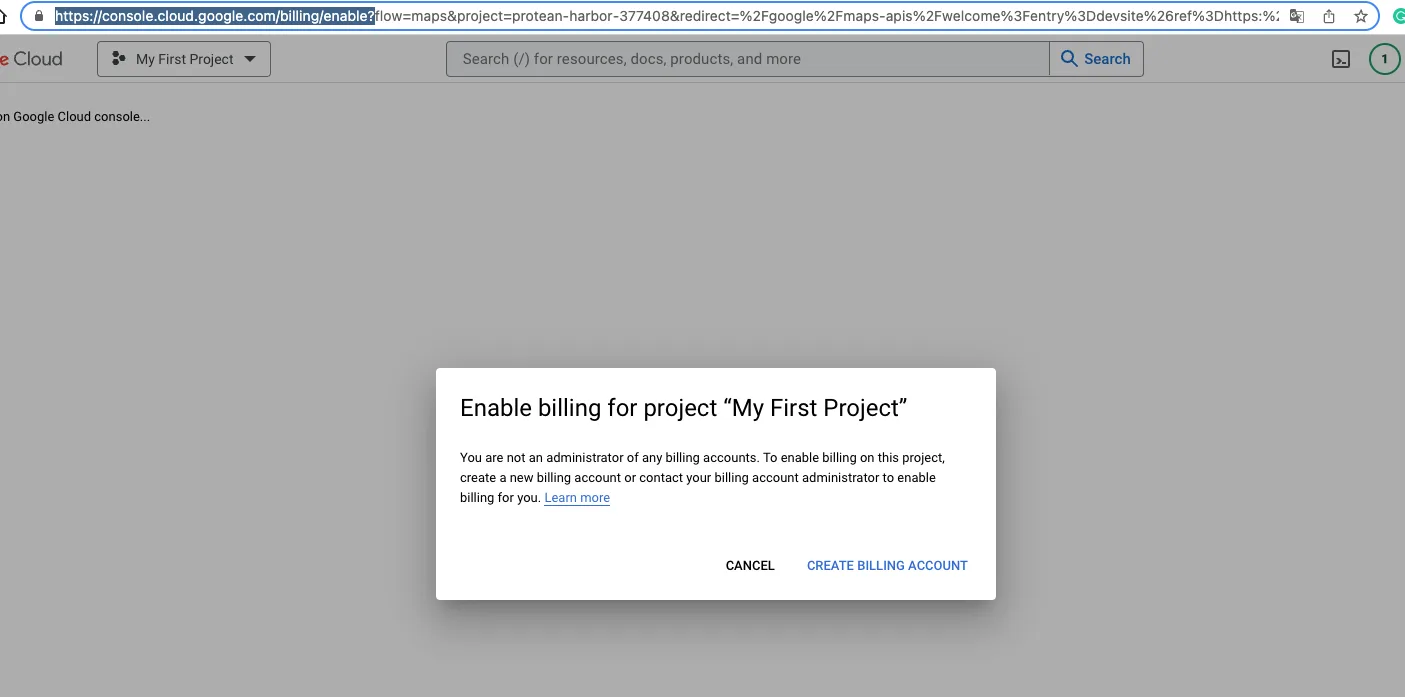 Enable billing for project dialog with the Create billing account button
