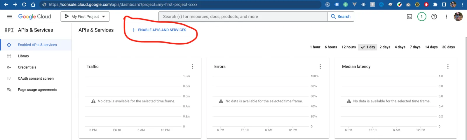 APIs and Services dashboard with the Enable APIs and services button highlighted