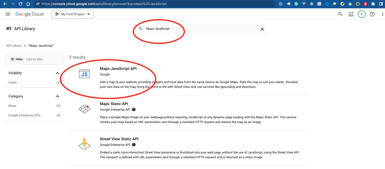 API Library search results for Maps JavaScript with the Maps JavaScript API highlighted