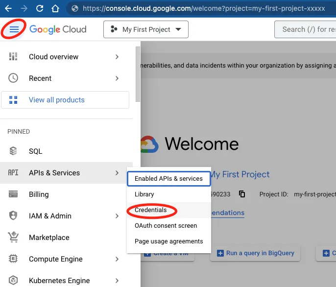 Google Cloud menu with APIs and Services, Credentials highlighted