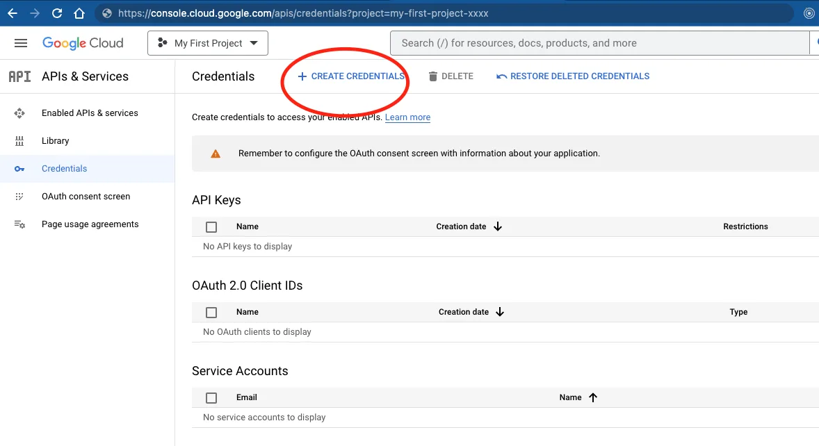 Credentials page with the Create credentials button highlighted