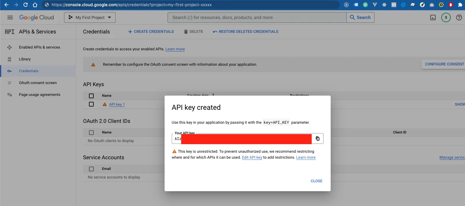 API key created dialog showing the new key