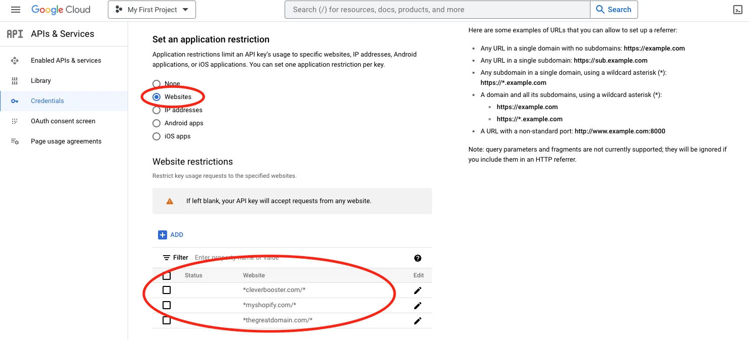 Website restrictions list with cleverbooster.com, myshopify.com and the store domain added
