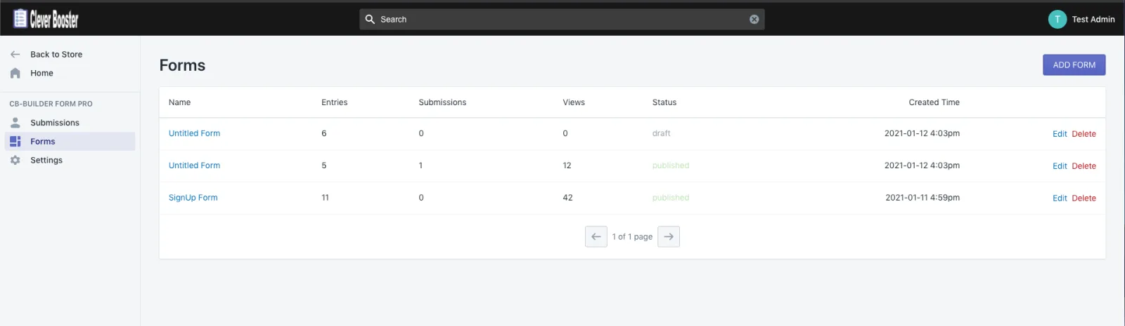 Forms list in Form Builder Pro with the Add form button