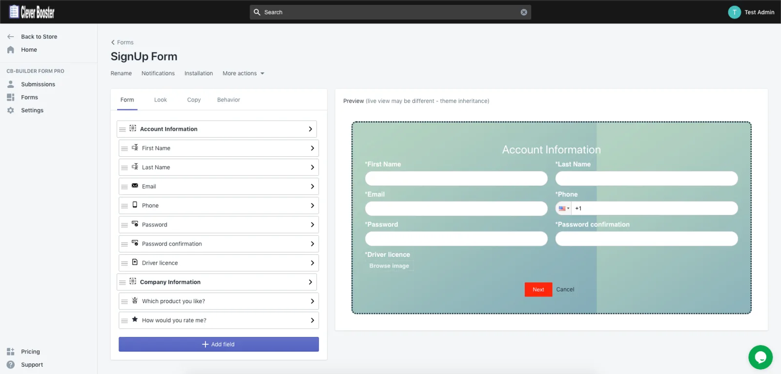 Form editor with the field list on the left and a live preview of a sign-up form on the right