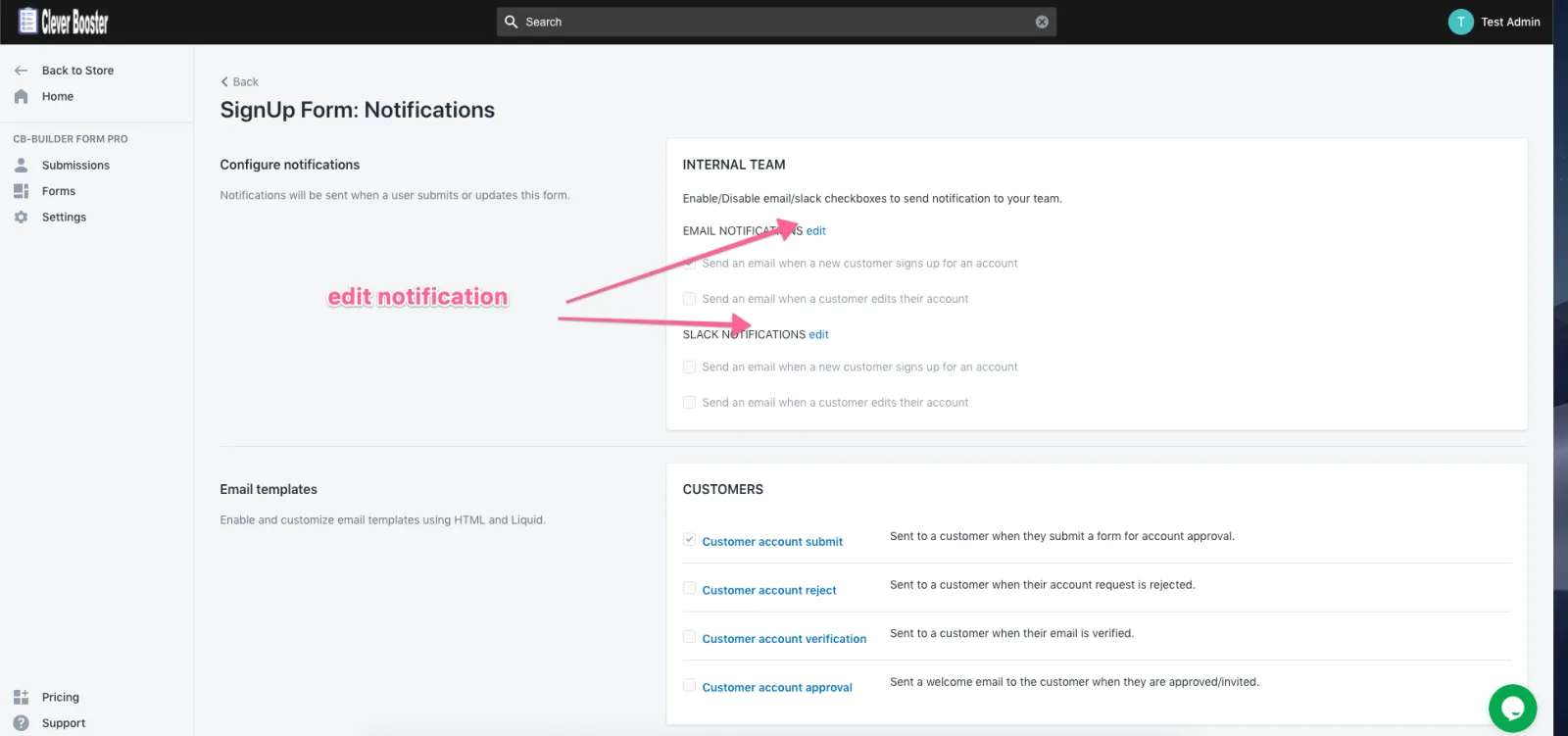 Notifications settings with internal team email and Slack notifications and customer email templates