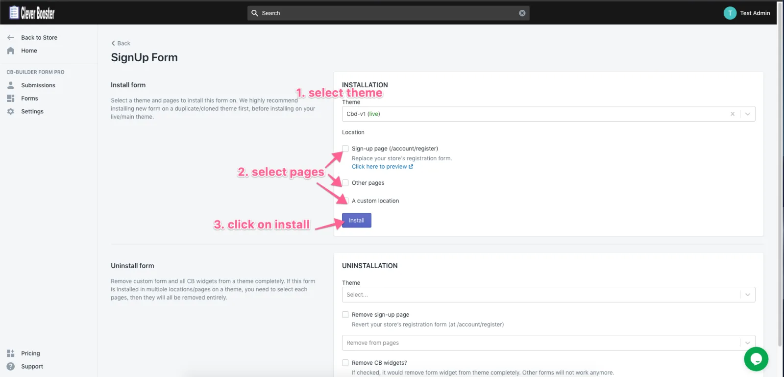 Installation settings with the theme selector, page locations and Install button numbered