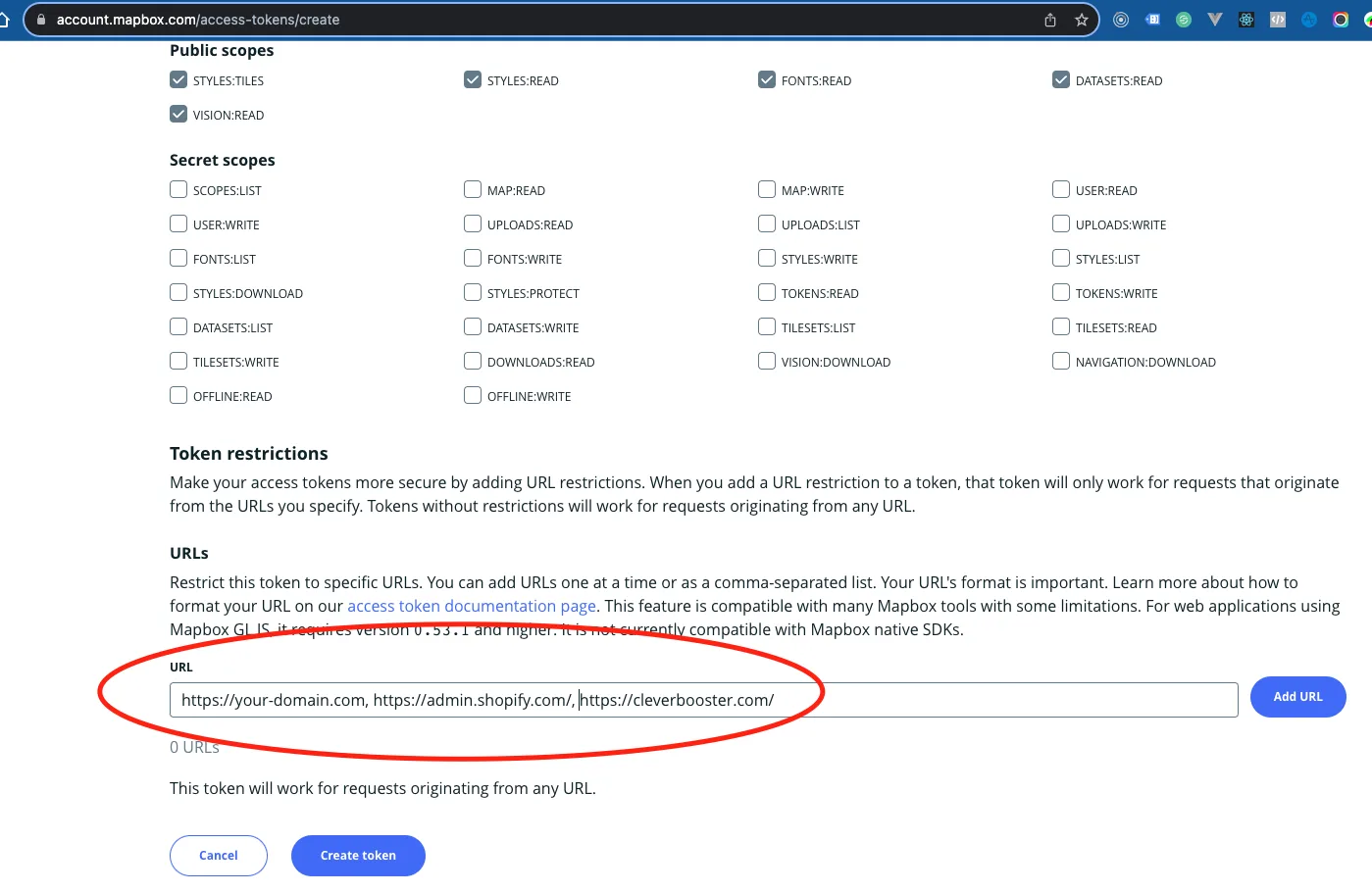 Mapbox token restrictions with the store domain, admin.shopify.com and cleverbooster.com in the URL field