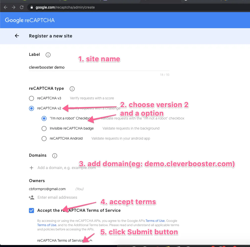 Google reCAPTCHA Register a new site form with label, reCAPTCHA v2, domains and terms numbered