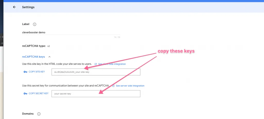 reCAPTCHA settings showing the site key and secret key copy buttons