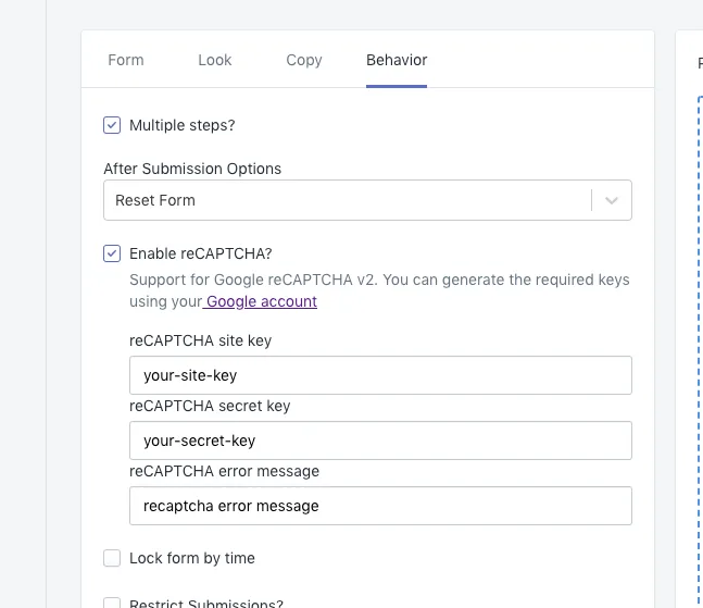 Form Behavior tab with Enable reCAPTCHA ticked and fields for site key, secret key and error message