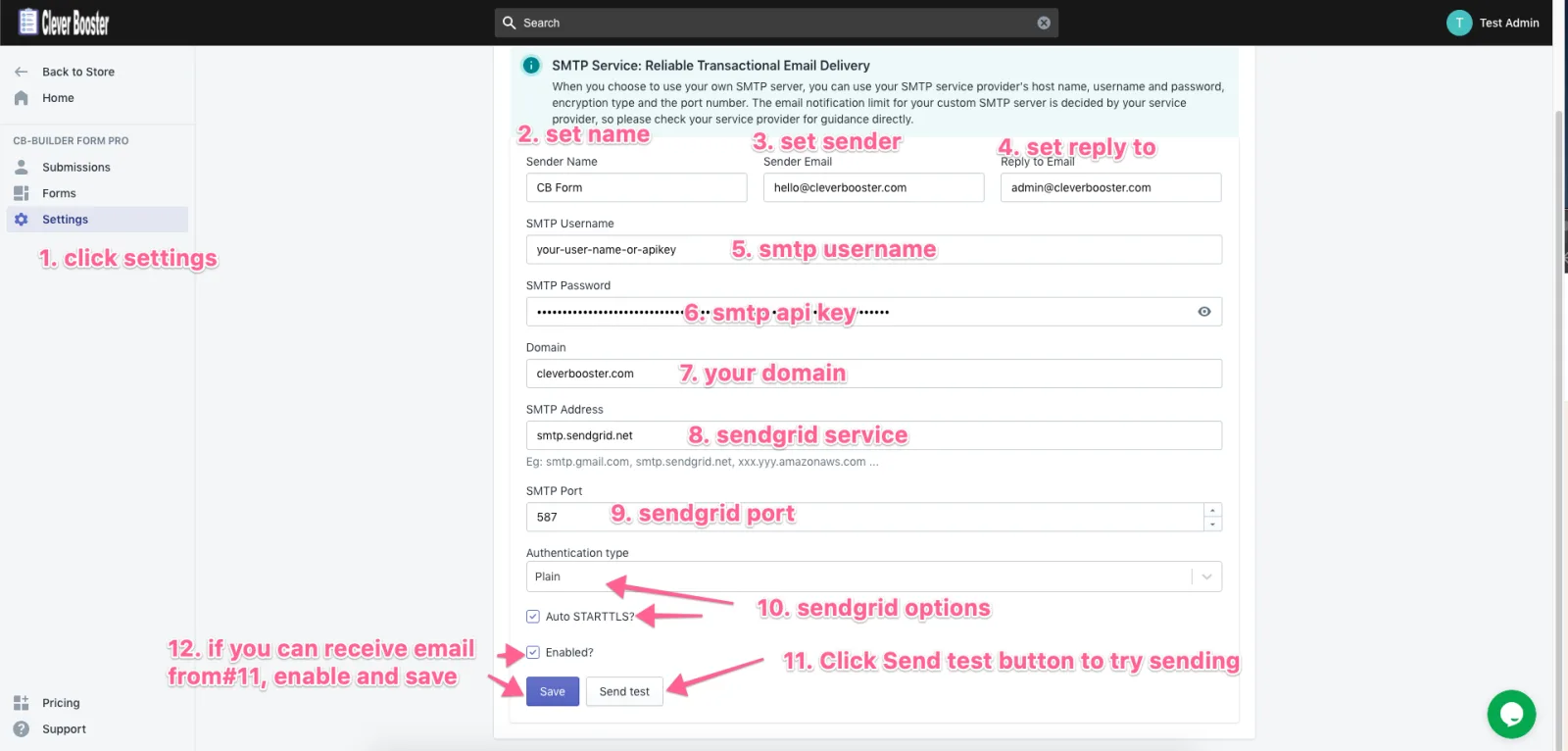 SMTP settings in Form Builder Pro filled in for SendGrid, with each field numbered from sender name to the Send test button